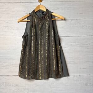 Angie Blouse Womens Size Large Gray Metal Detail Geometric Tank Top Sheer